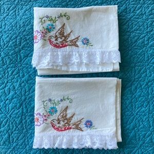 Gorgeous antique embroidered pillow cases with birds and flowers